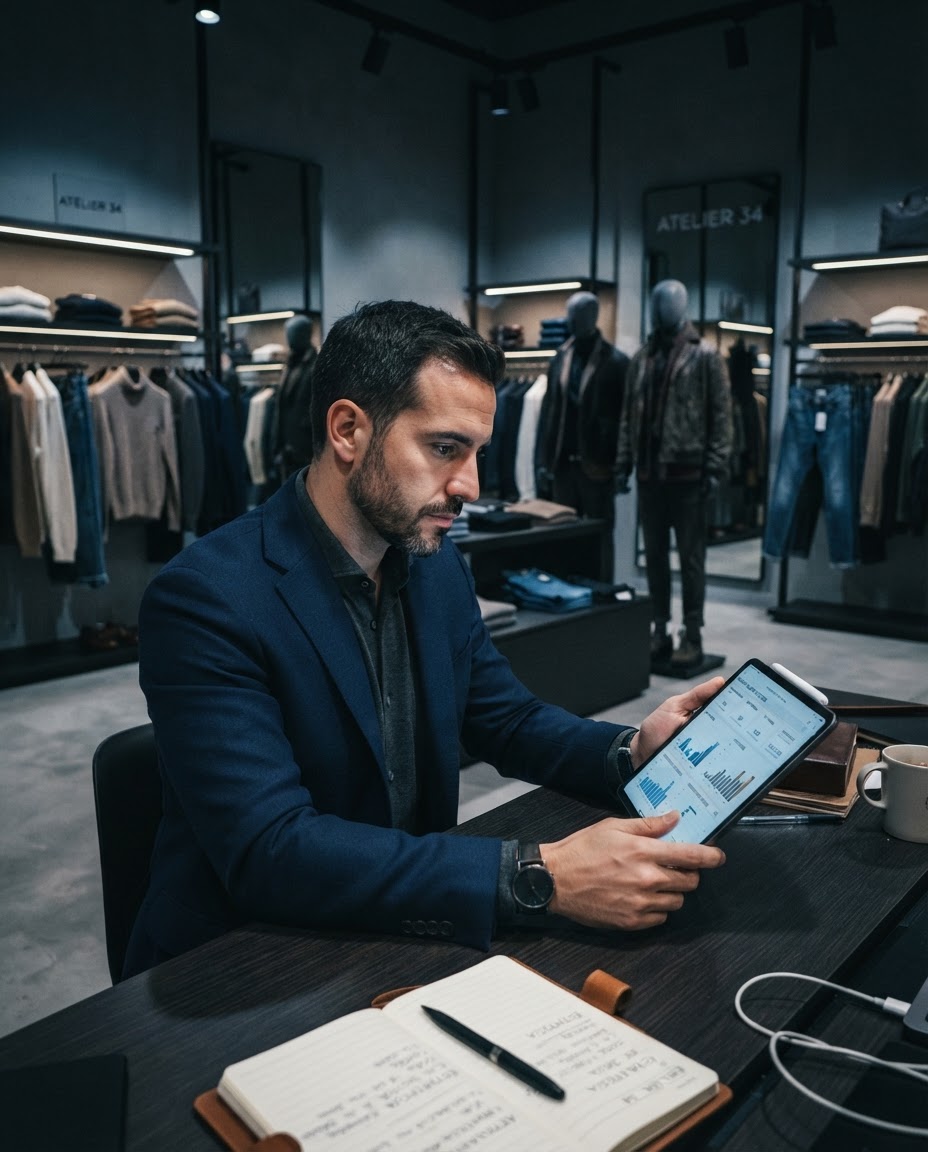 Propietario de una tienda de moda analizando datos del negocio