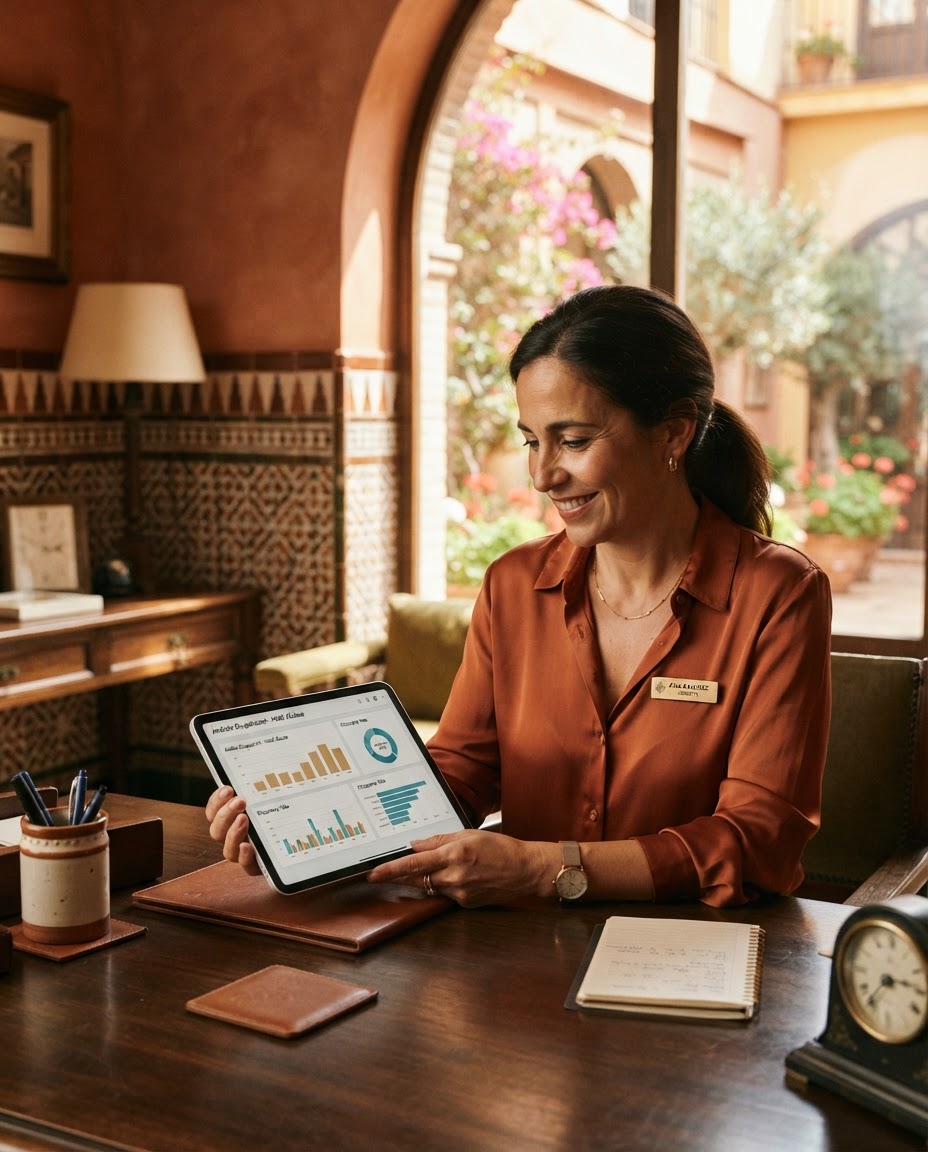 Gerente de hotel andaluz analizando datos para mejorar el negocio